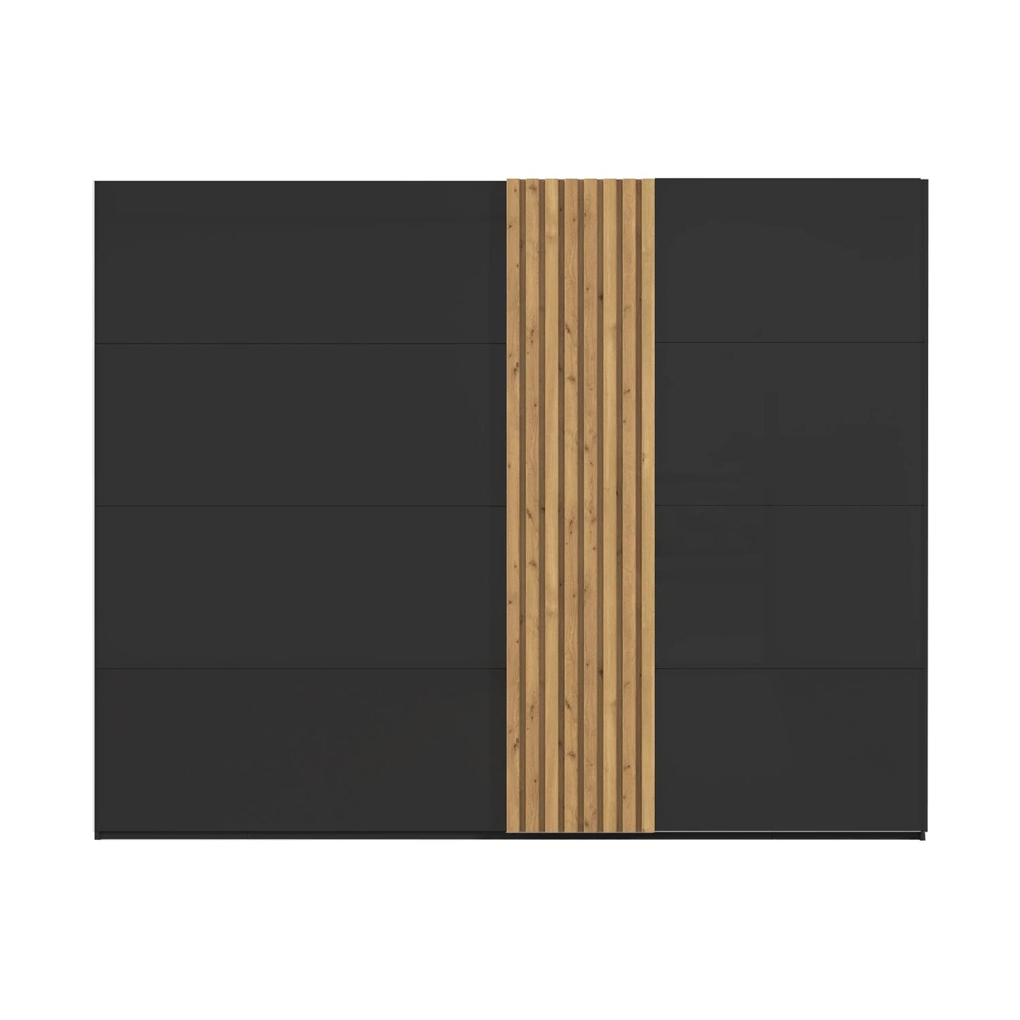 Black panel wardrobe with a vertical wooden strip in the center on a white background