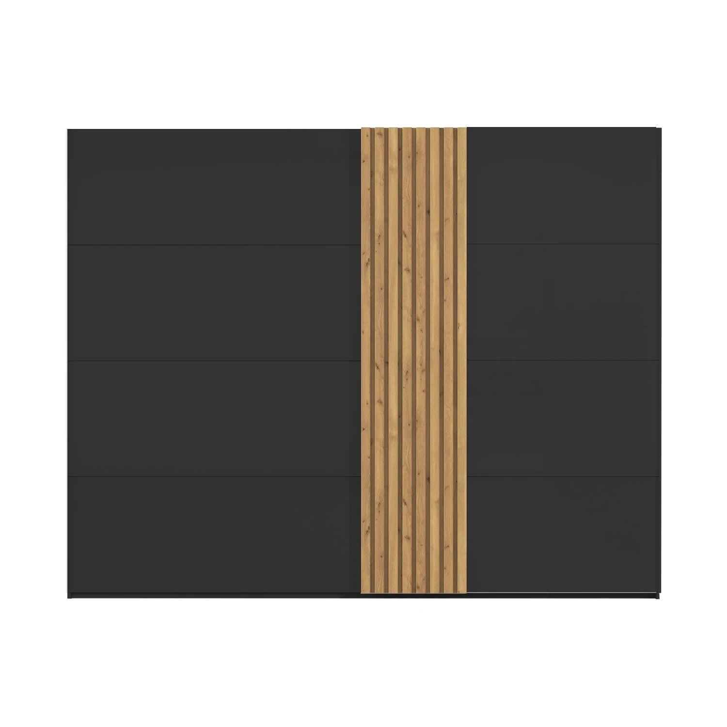 Black panel wardrobe with a vertical wooden strip in the center on a white background