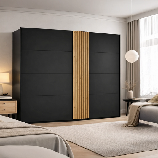 Modern bedroom with a black wardrobe featuring wooden panels.