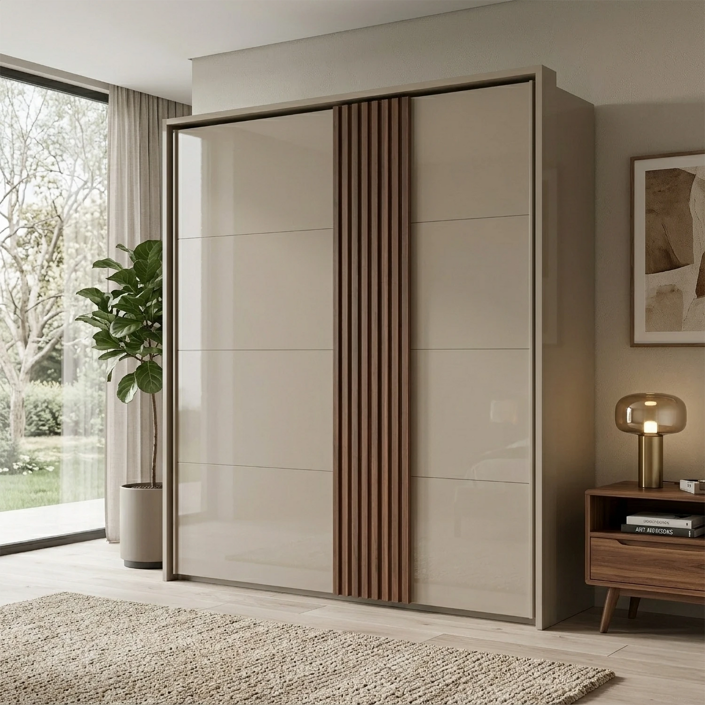 Rauch Tegra Fusion Fango Glass and Walnut Oak Sliding Door Wardrobe