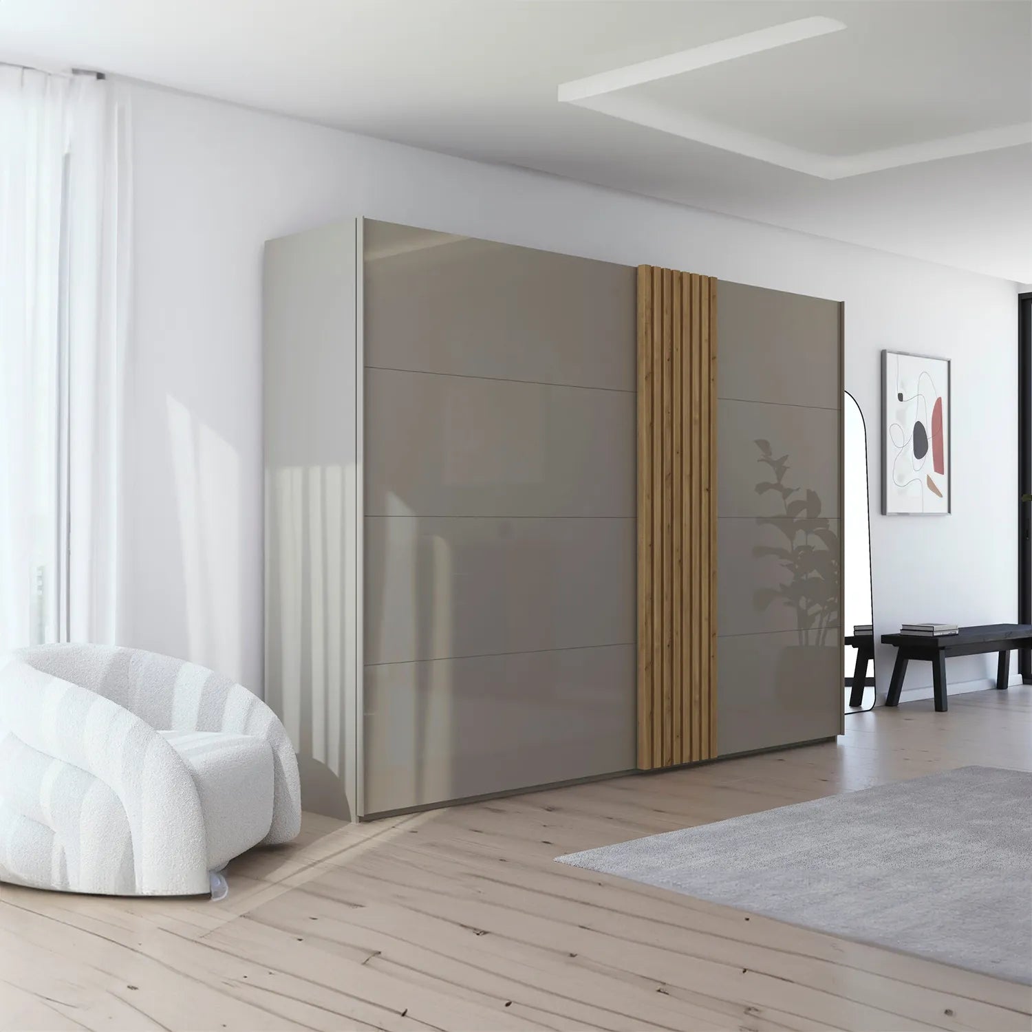 Rauch Tegra Fusion Fango Glass and Wild Oak Sliding Door Wardrobe - Styled in a Bedroom
