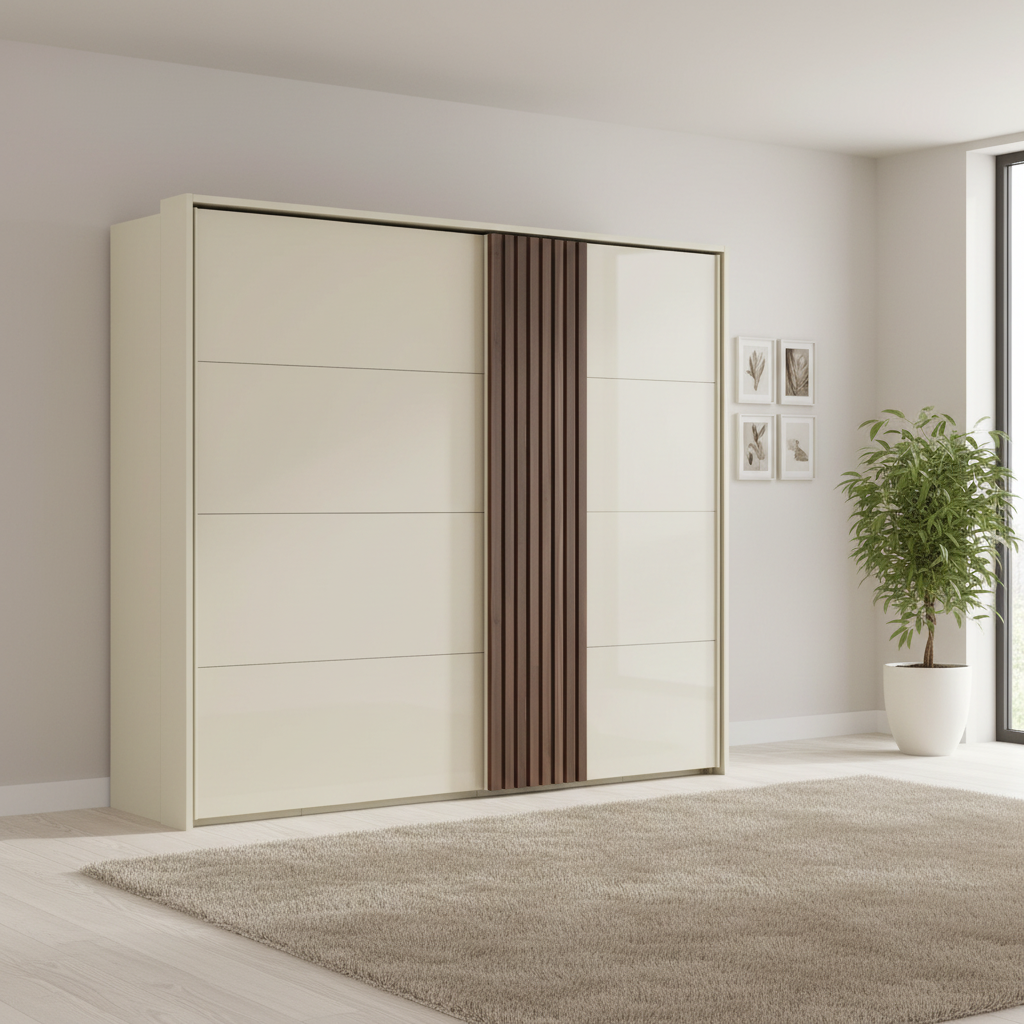 Modern Glamorous Rauch Tegio Champagne 2 Door Sliding Wardrobe with Walnut Oak Panels on the Door and Passepartout frame