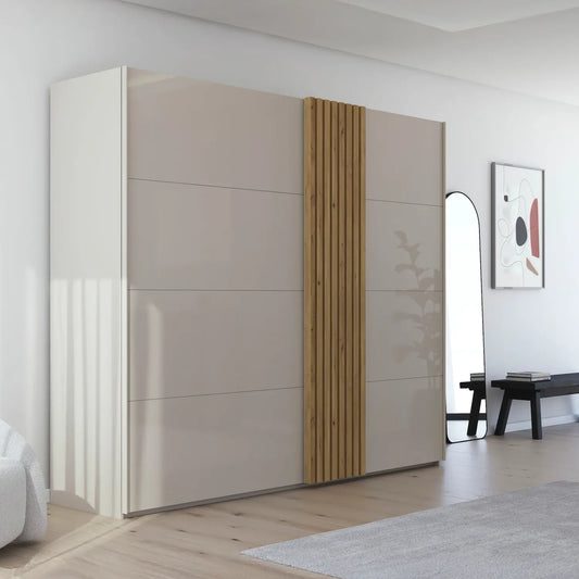 Rauch Tegra Fusion Champagne Glass and Wild Oak Sliding Door Wardrobe - Styled in a Bedroom