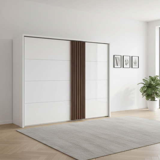 Rauch Tegio White Large 2 Door sliding wardrobe with Dark Wood Panels on the doors and Passepartout Frame
