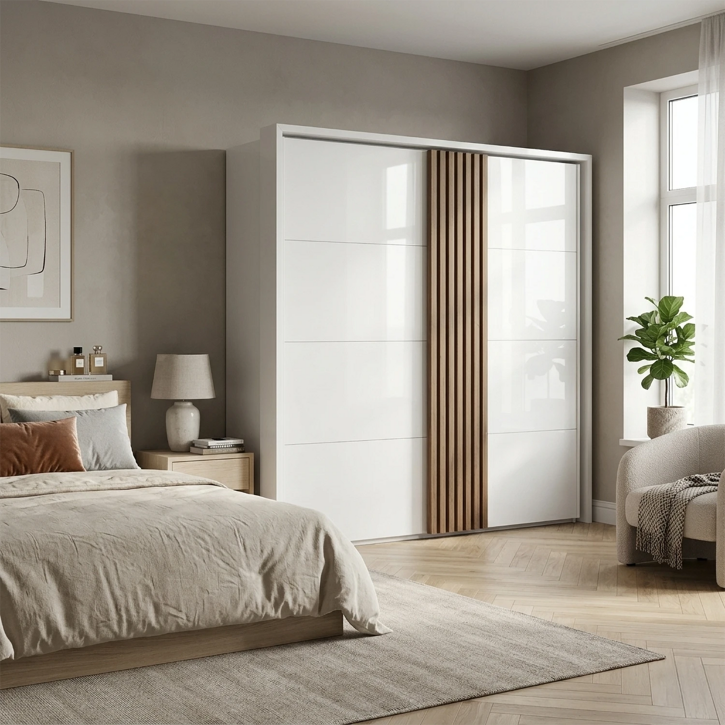 Rauch Tegra Fusion White Glass and Walnut Oak Sliding Door Wardrobe