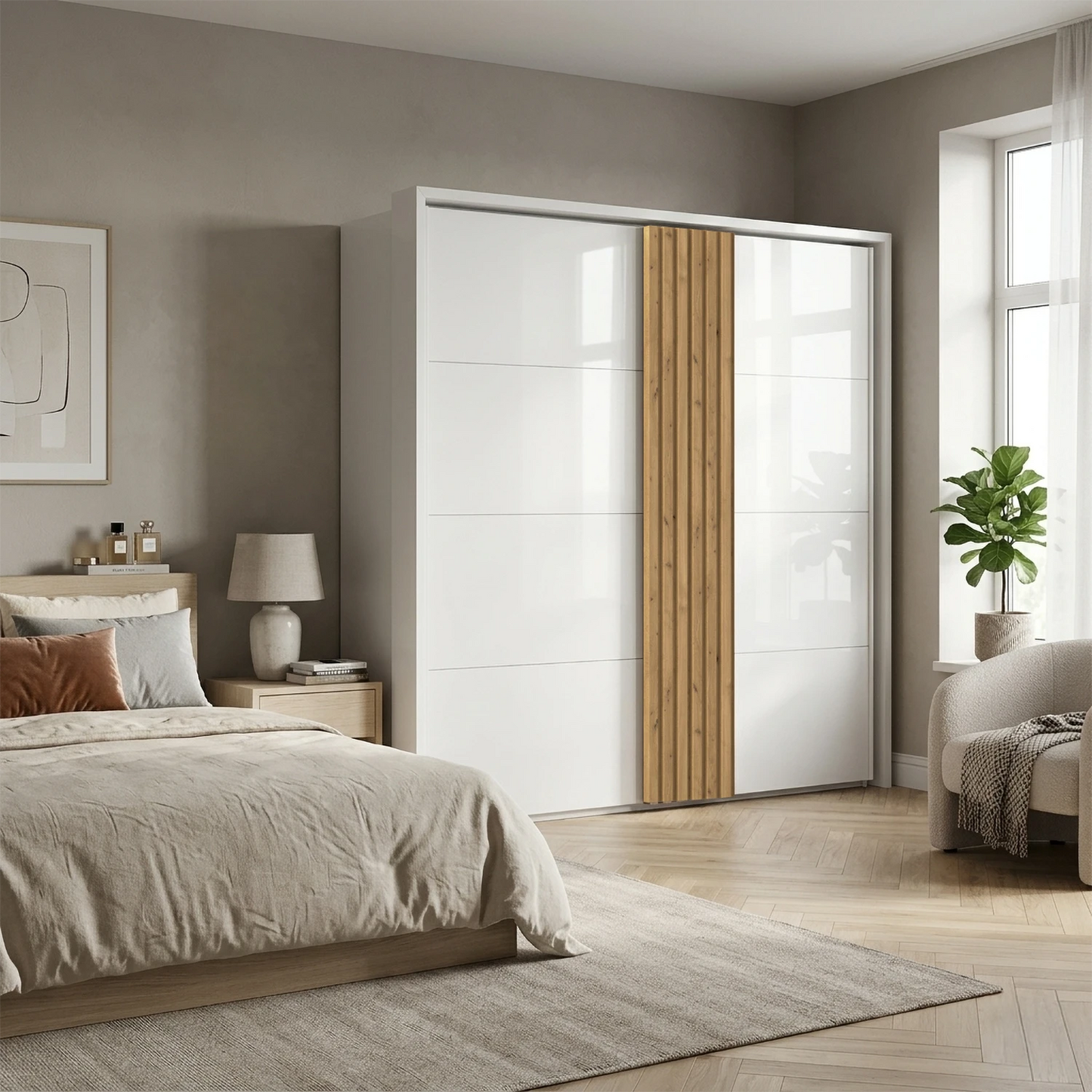 Rauch Tegra Fusion White Glass and Wild Oak Sliding Door Wardrobe