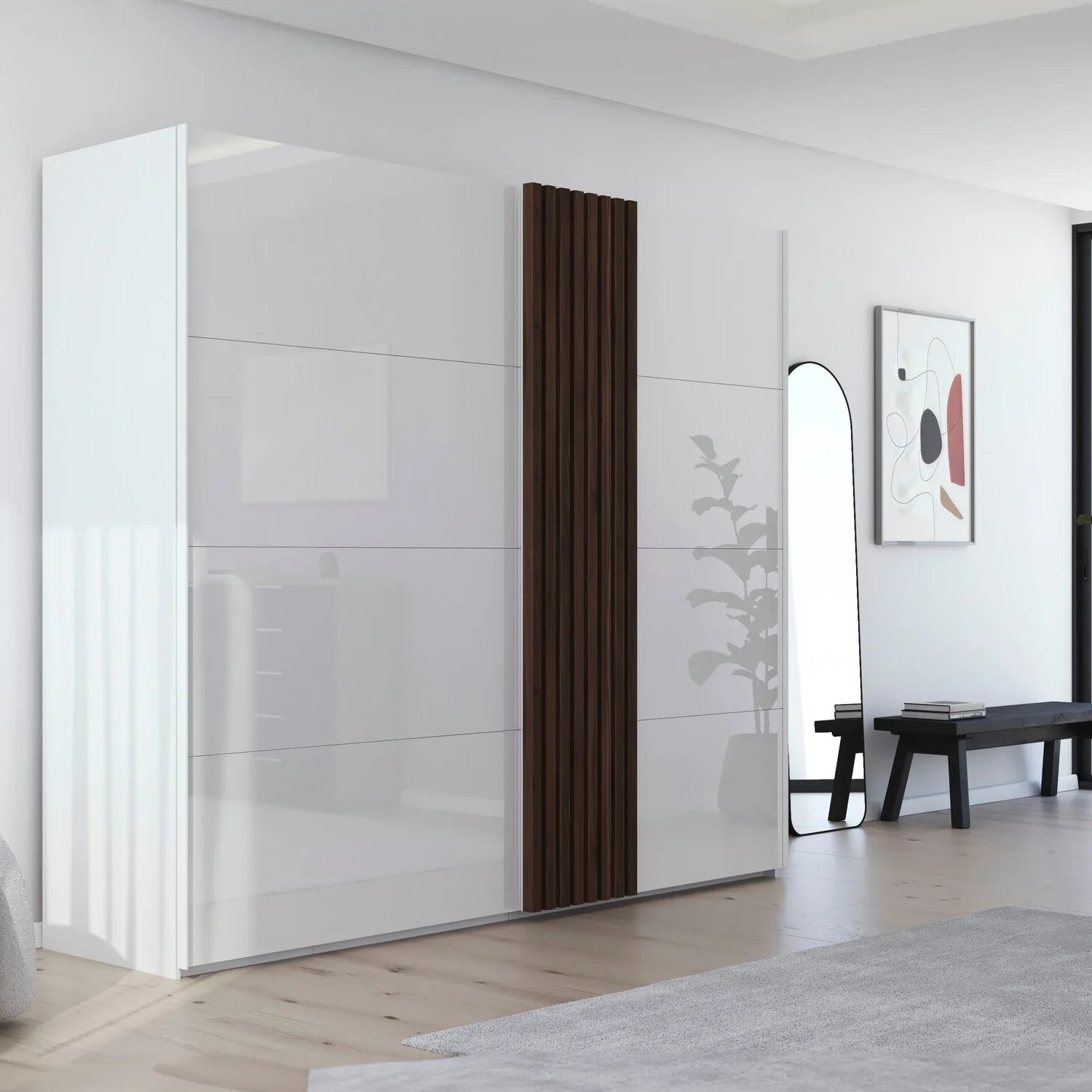 Rauch Tegra Fusion White Glass and Walnut Oak Sliding Door Wardrobe - Styled in a Bedroom
