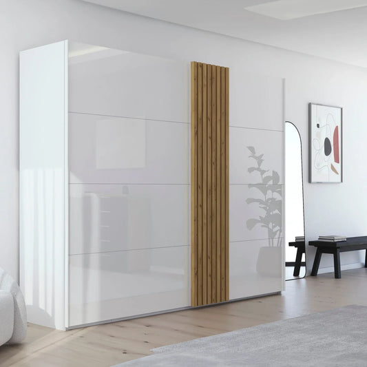 Rauch Tegra Fusion White Glass and Wild Oak Sliding Door Wardrobe - Styled in a Bedroom