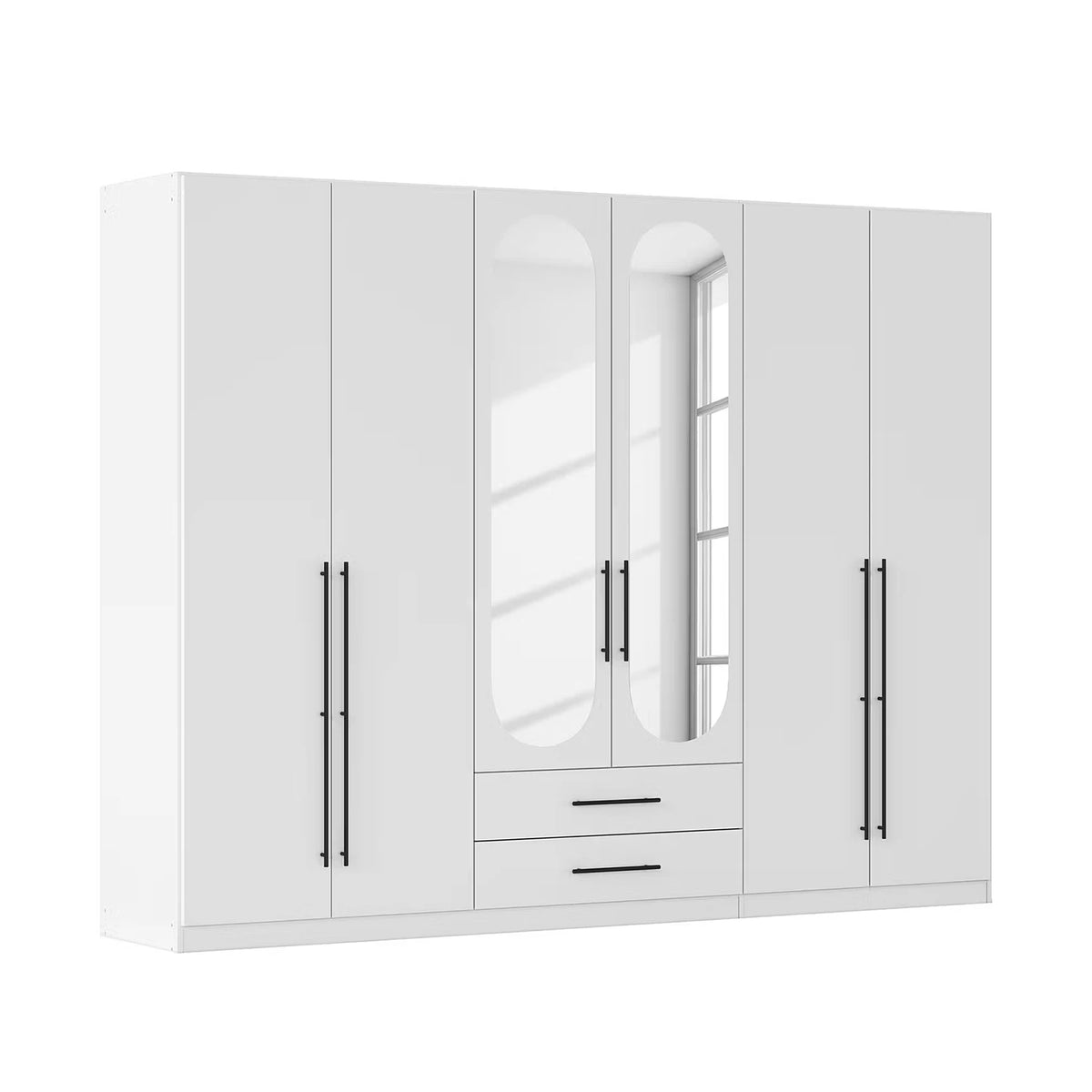 Rauch Velora 6 Door Hinged Wardrobe with Mirror and Drawers in White Width 271cm