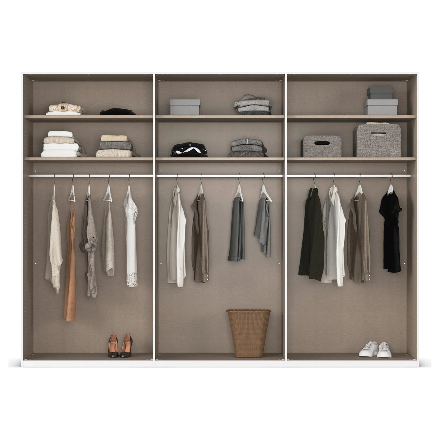 Rauch Lumia Closet wardrobe with shelves and hanging clothes on a white background