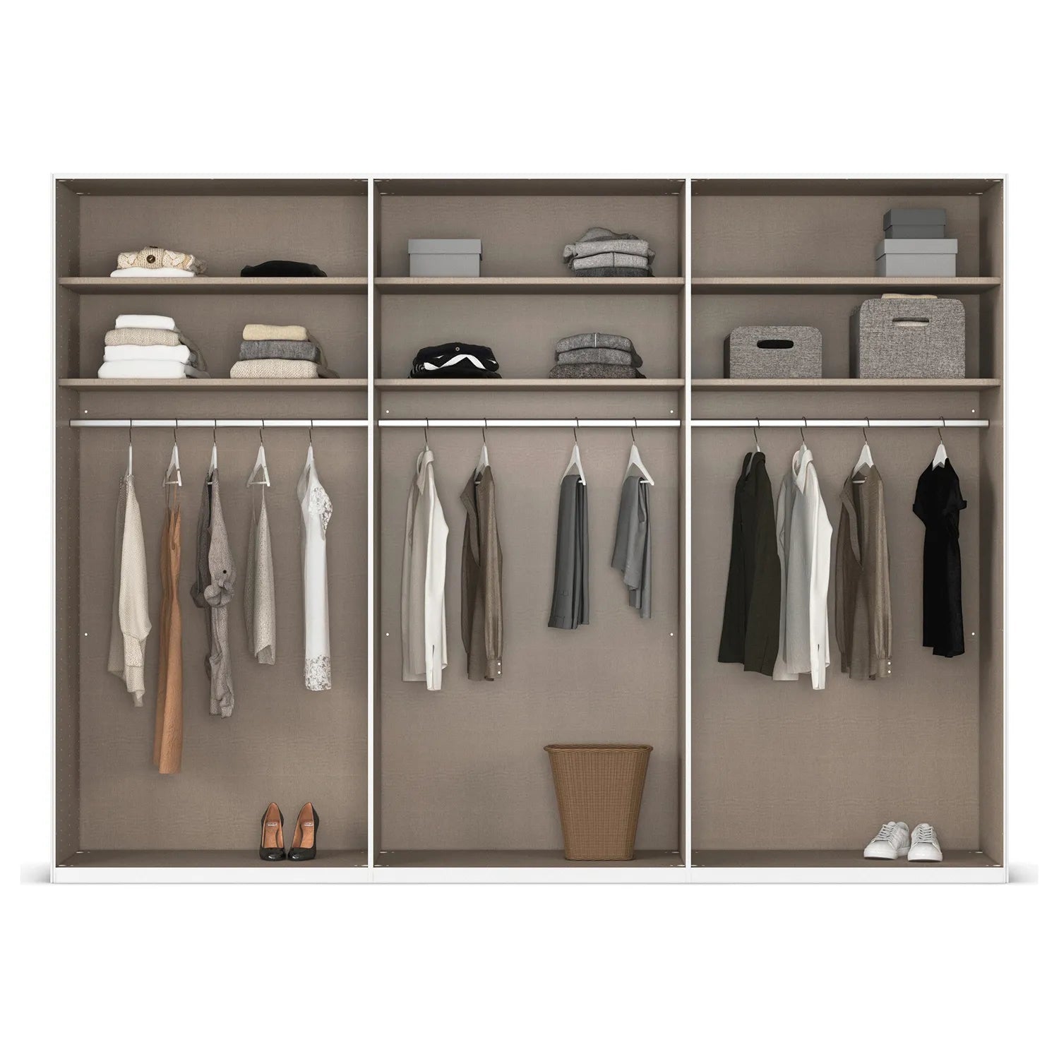 Rauch Lumia Closet wardrobe with shelves and hanging clothes on a white background