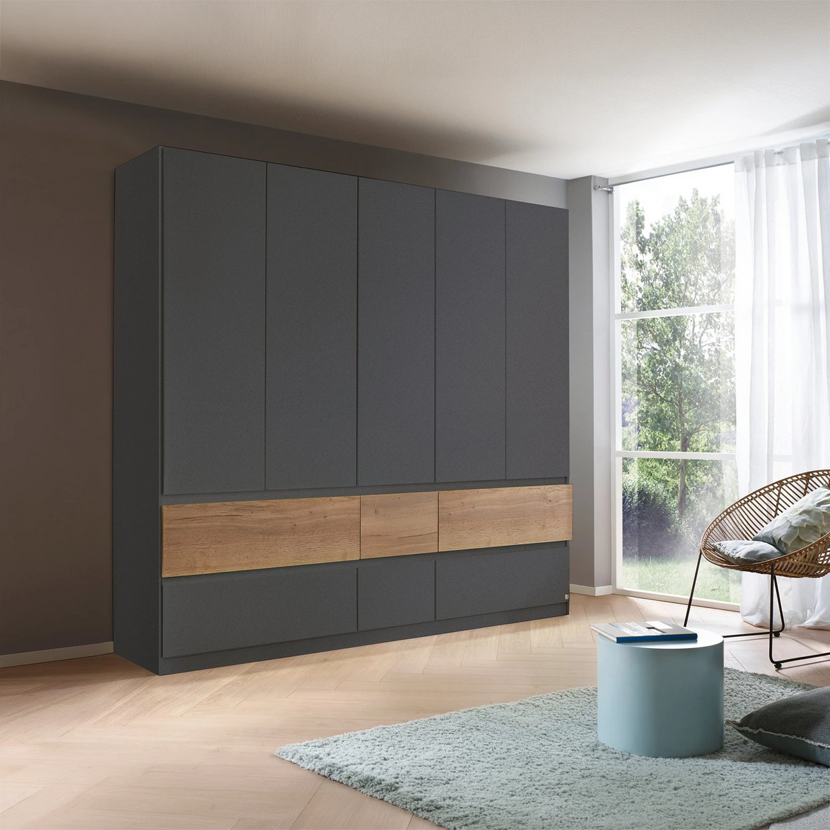 Winnipeg Metallic Grey 5 Door Wardrobe with Drawers - W226CM