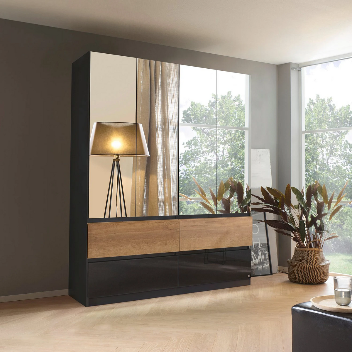Winnipeg Metallic Grey With Mirror 4 Door Wardrobe with Drawers – W181CM