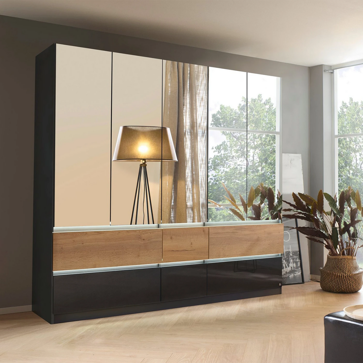 Winnipeg Metallic Grey With Mirror 5 Door Wardrobe with Drawers - W226CM