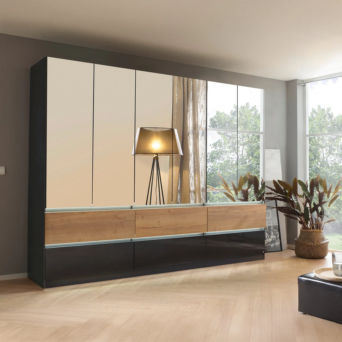 Winnipeg Metallic Grey With Mirror 6 Door Wardrobe with Drawers - W271CM