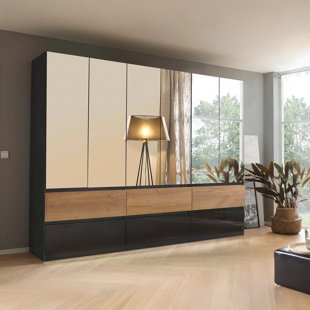 Winnipeg Metallic Grey With Mirror 6 Door Wardrobe with Drawers - W271CM