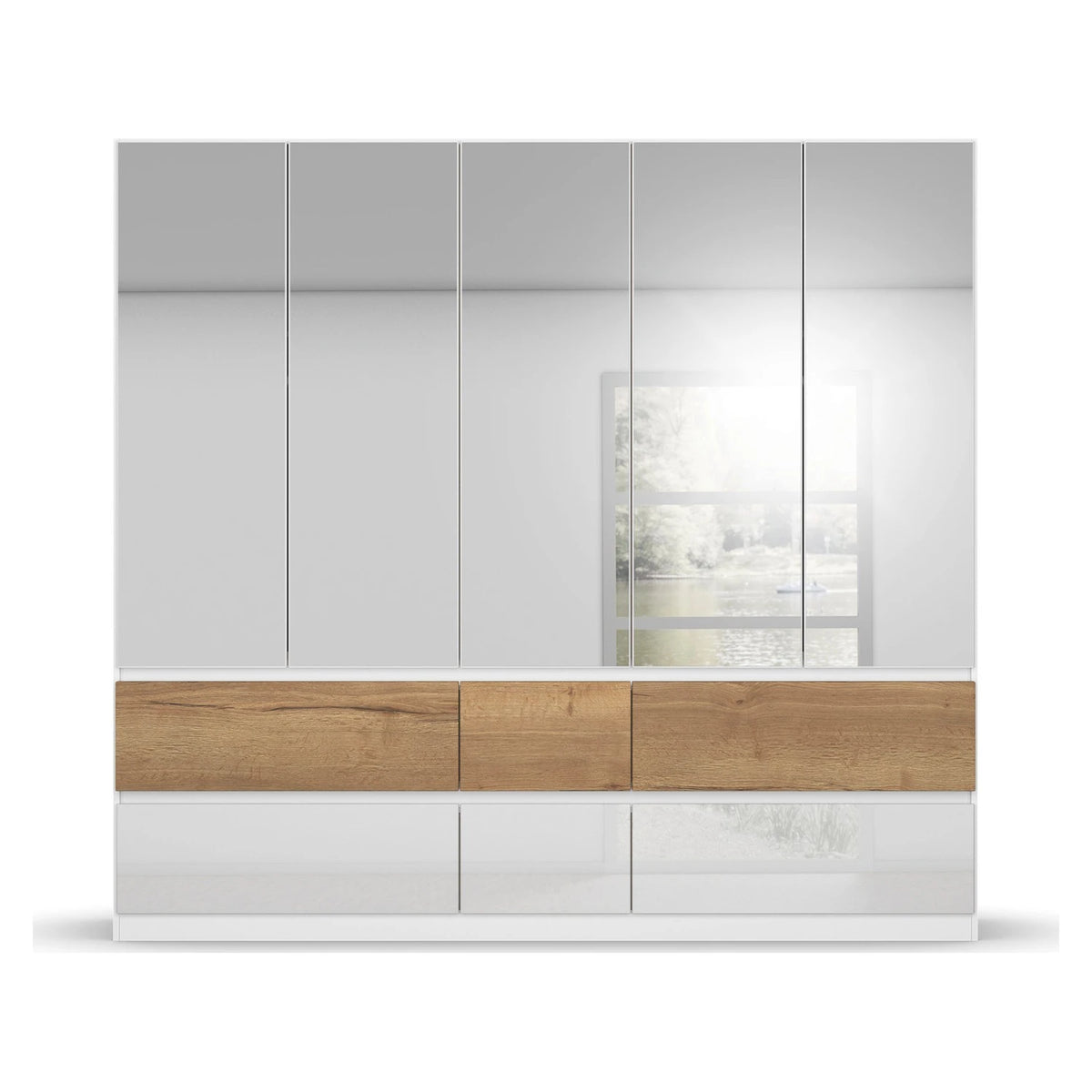 Winnipeg Alpine White With Mirror 5 Door Wardrobe with Drawers - W226CM