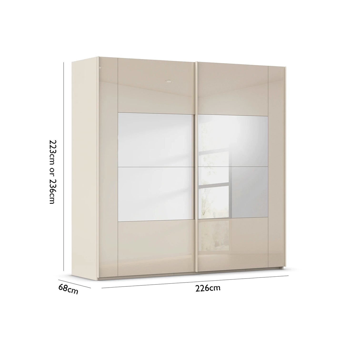 Rauch Miramar Frame 226cm Champagne Glass sliding wardrobe with mirror and dimensions on a white background