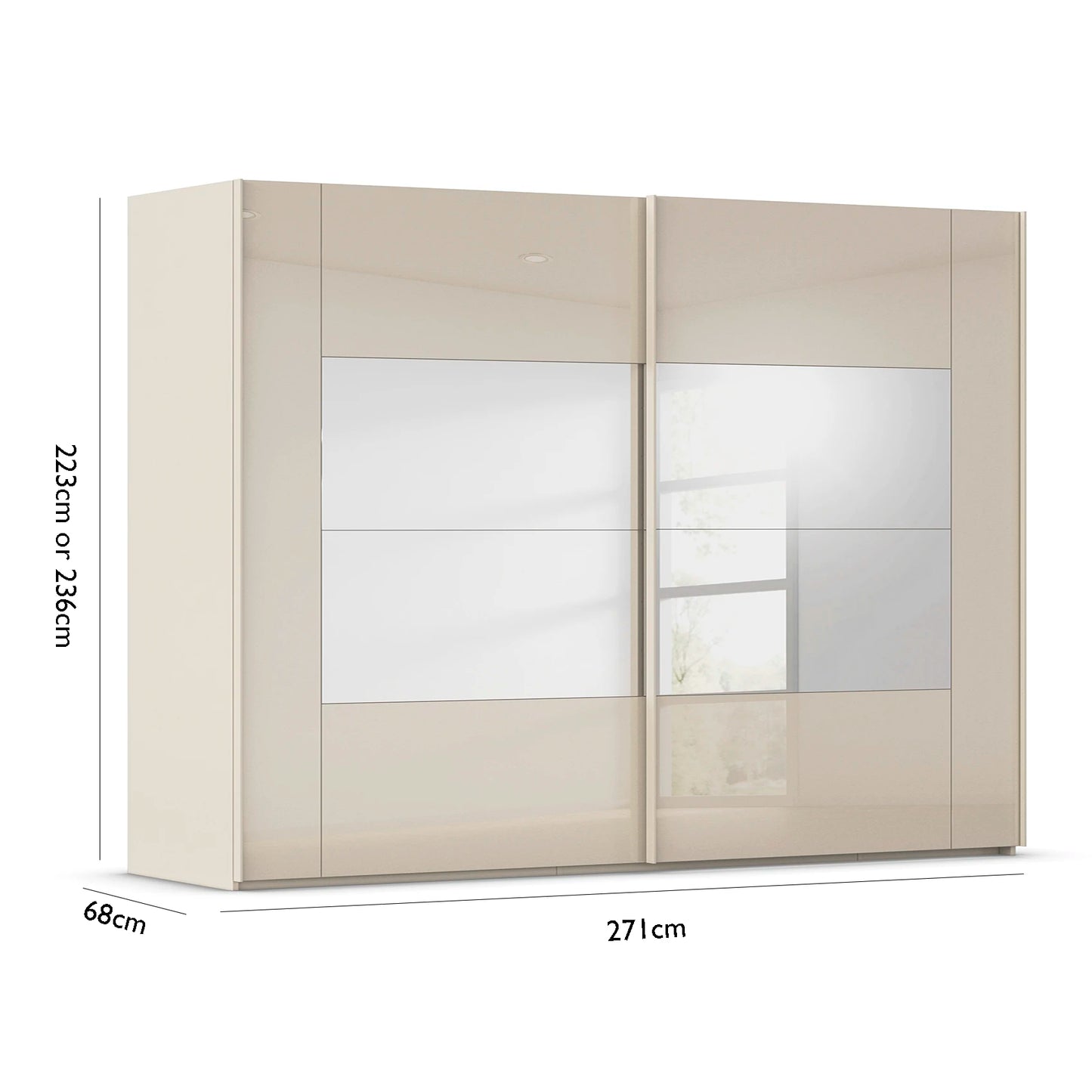 Luxury German sliding wardrobe with champagne glass finish and premium storage and dimensions on a white background