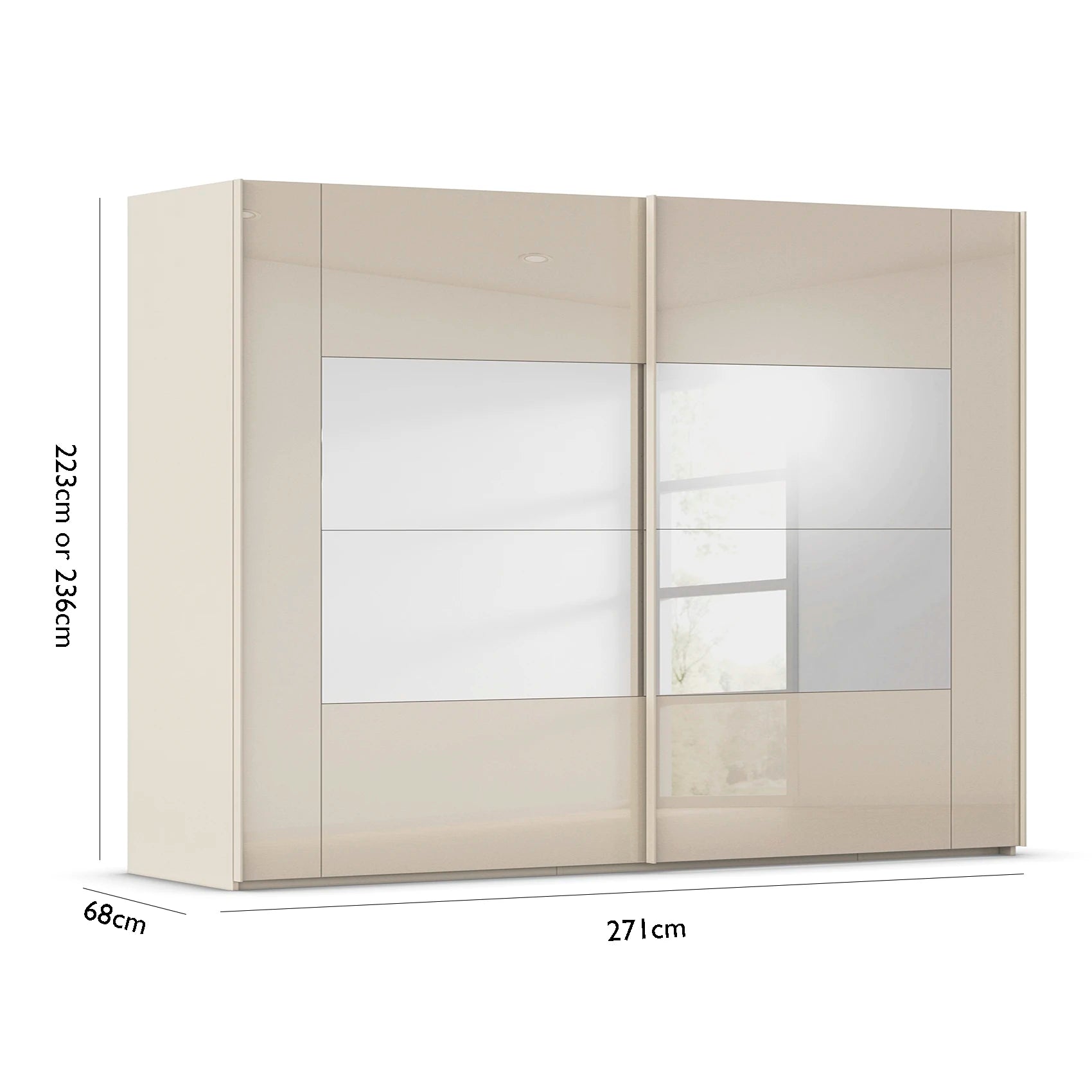 Luxury German sliding wardrobe with champagne glass finish and premium storage and dimensions on a white background