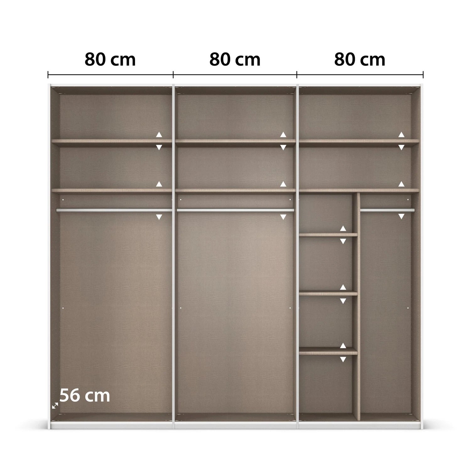 Interior view of Rauch Contido 3 Door Sliding Wardrobe - 80cm compartments