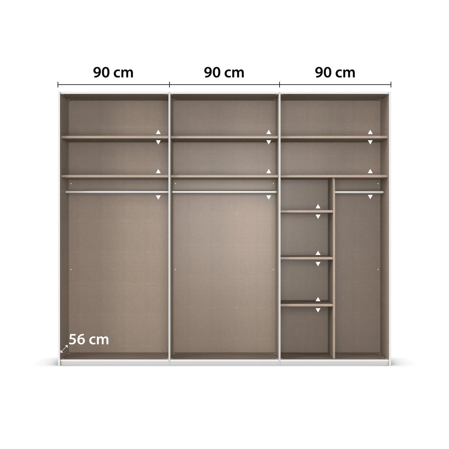 Interior view of Rauch Contido 3 Door Sliding Wardrobe - 90cm compartments