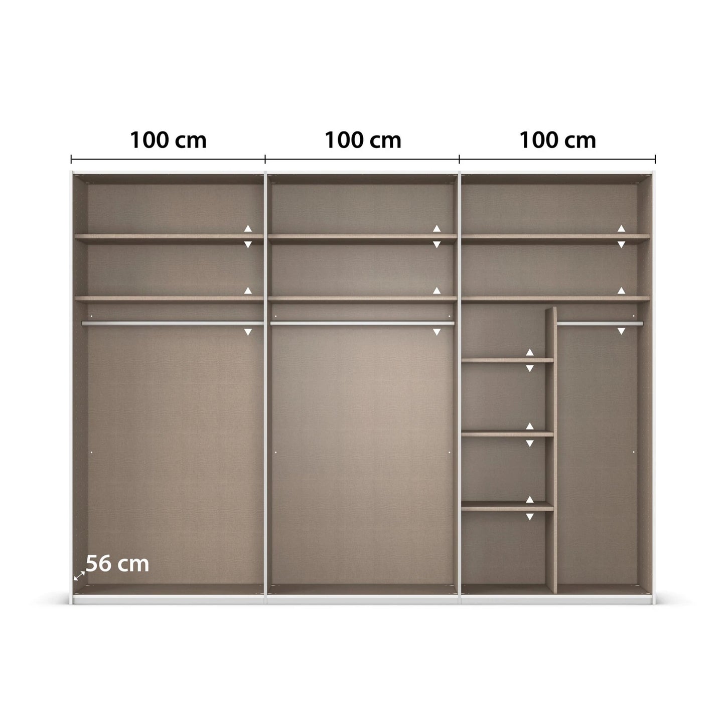 Interior view of Rauch Contido 3 Door Sliding Wardrobe - 100cm compartments