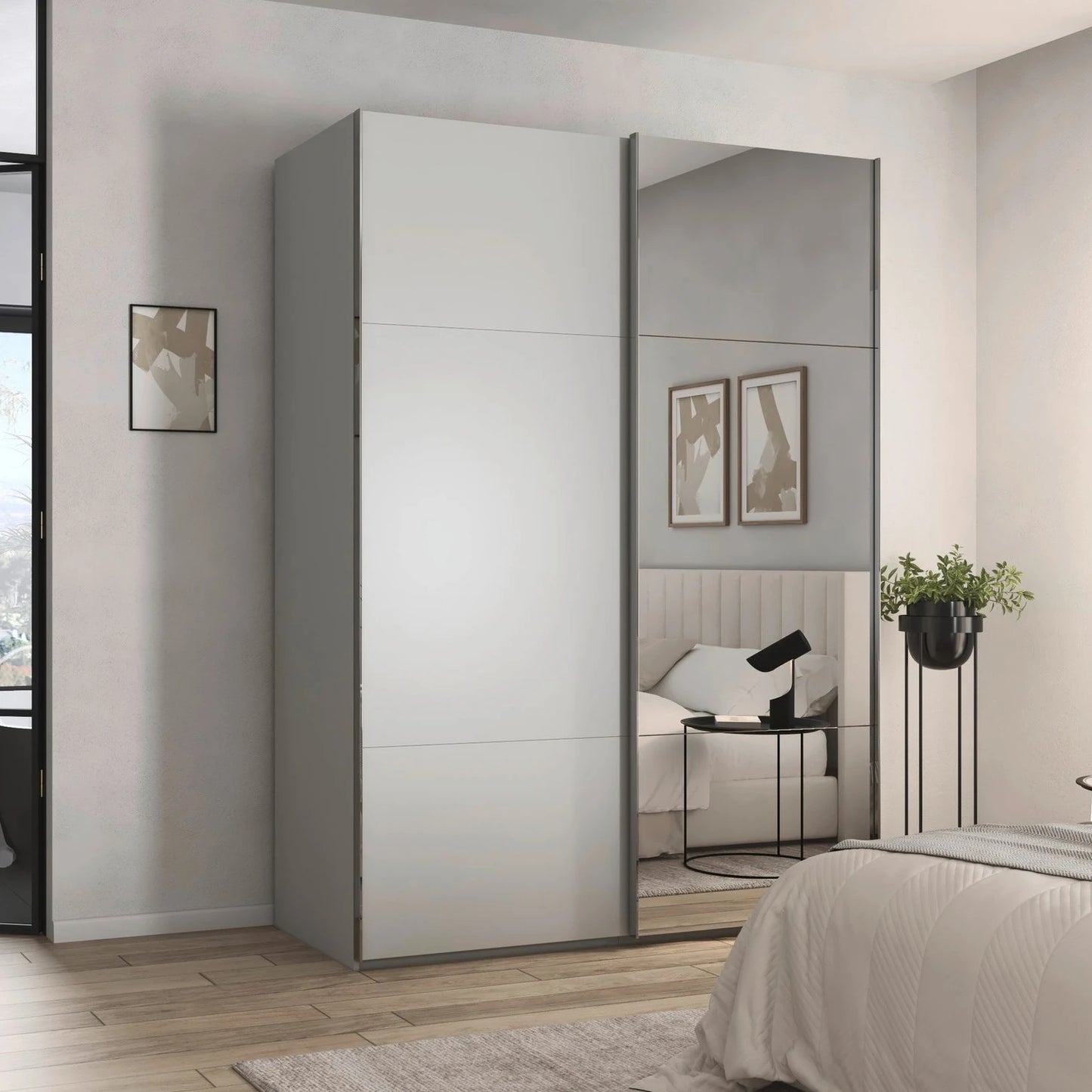 Rauch Contido 2 Door Sliding Wardrobe in Silk Grey - Styled in a Bedroom