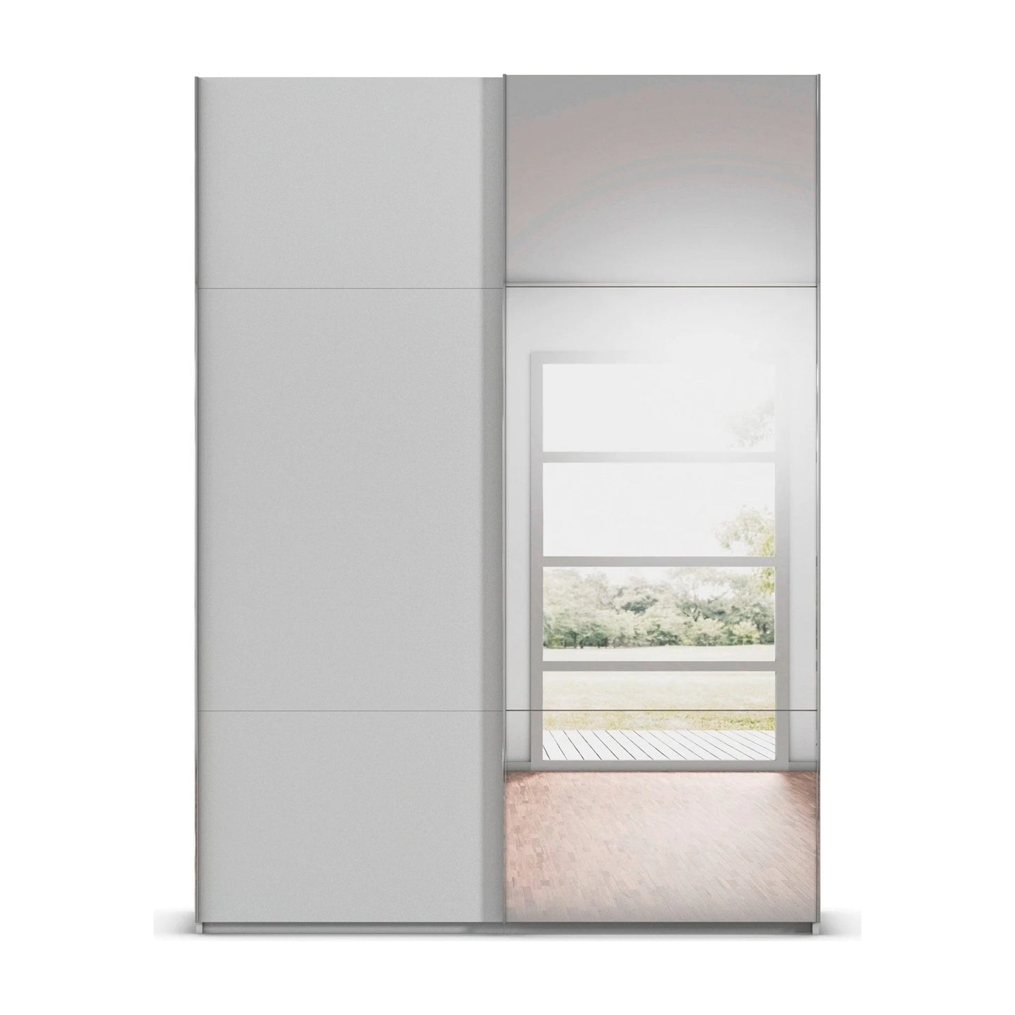 Rauch Orange Plus W200cm Contido silk grey sliding wardrobe showing the shorter top and bottom panels either side of the tall centre panel and 1 Mirror door