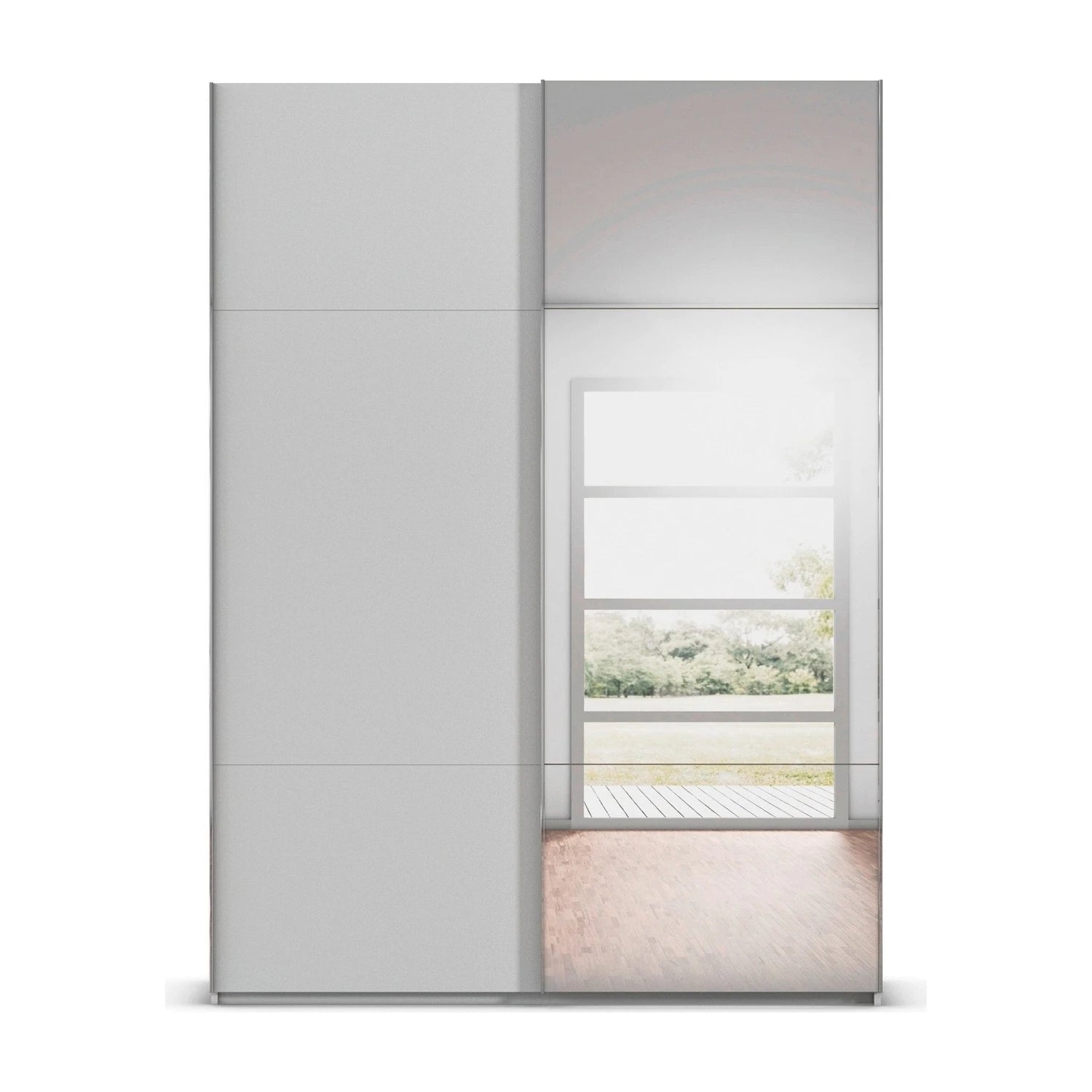 Rauch Orange Plus W200cm Contido silk grey sliding wardrobe showing the shorter top and bottom panels either side of the tall centre panel and 1 Mirror door