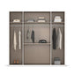 Clothing wardrobe with clothes displayed on hangers.