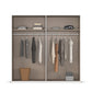 Clothing wardrobe with clothes displayed on hangers.