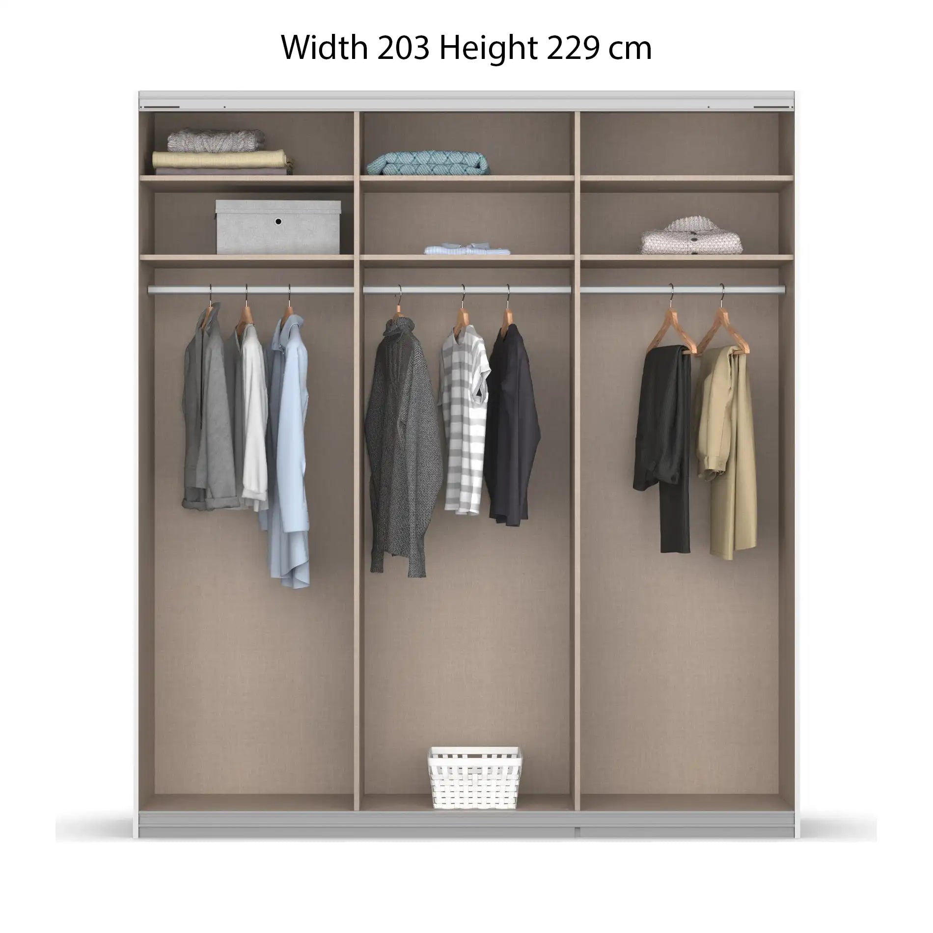 Rauch Forms White Decor 3 Door Sliding Wardrobe with Mirror - Interior view Styled in a Bedroom