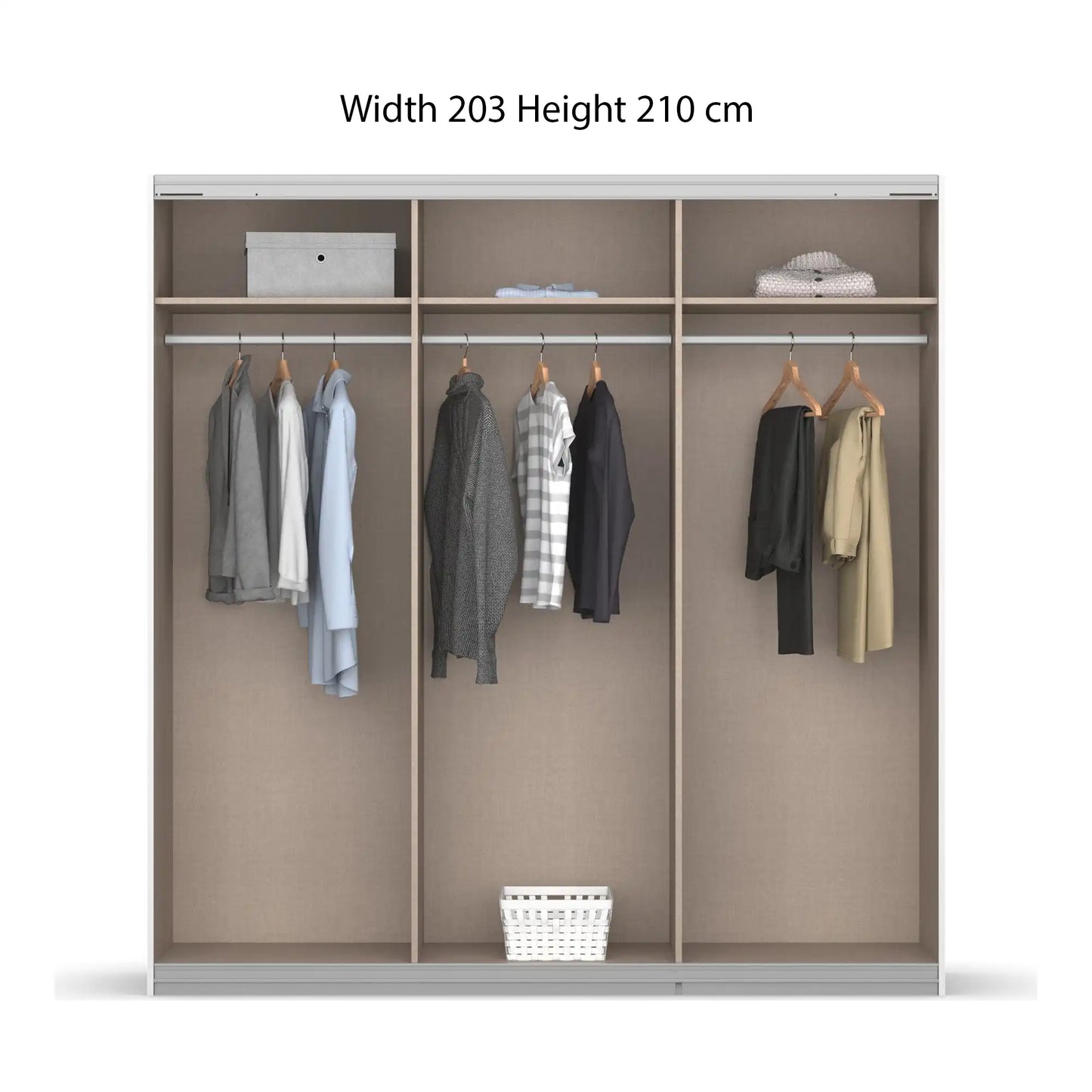 Rauch Forms White Decor 3 Door Sliding Wardrobe with Mirror - Interior view Styled in a Bedroom