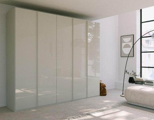 Symphony 251cm Large 5 Door Wardrobe in Silk Grey - Styled in a Bedroom