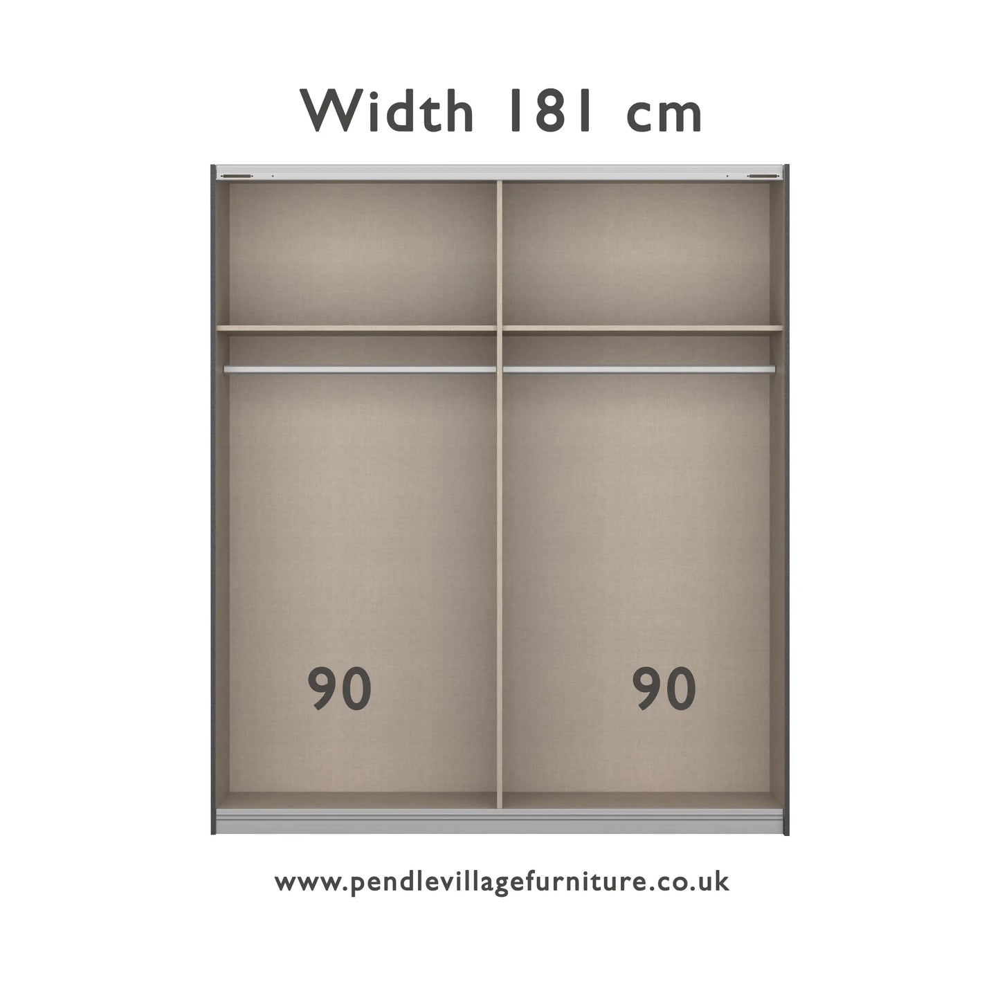 Mali 181cm Graphite & Mirror Sliding Door Wardrobe - Interior view with Dimensions