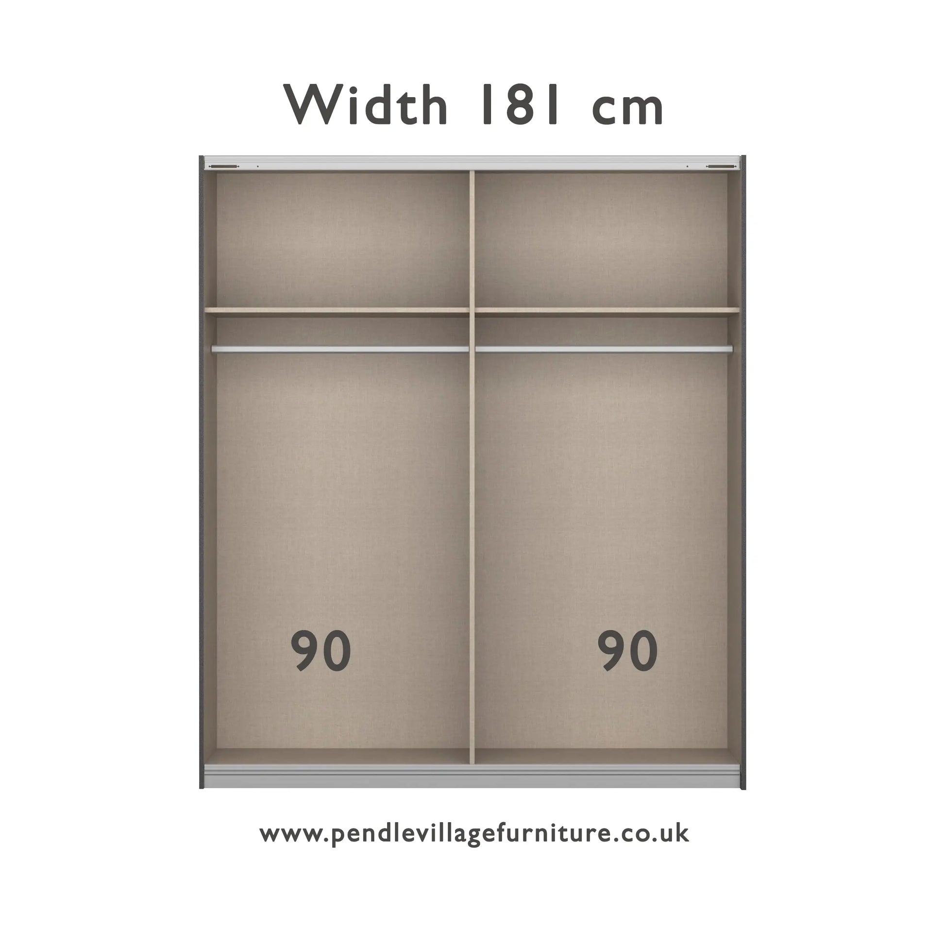 Mali 181cm Graphite & Mirror Sliding Door Wardrobe - Interior view with Dimensions
