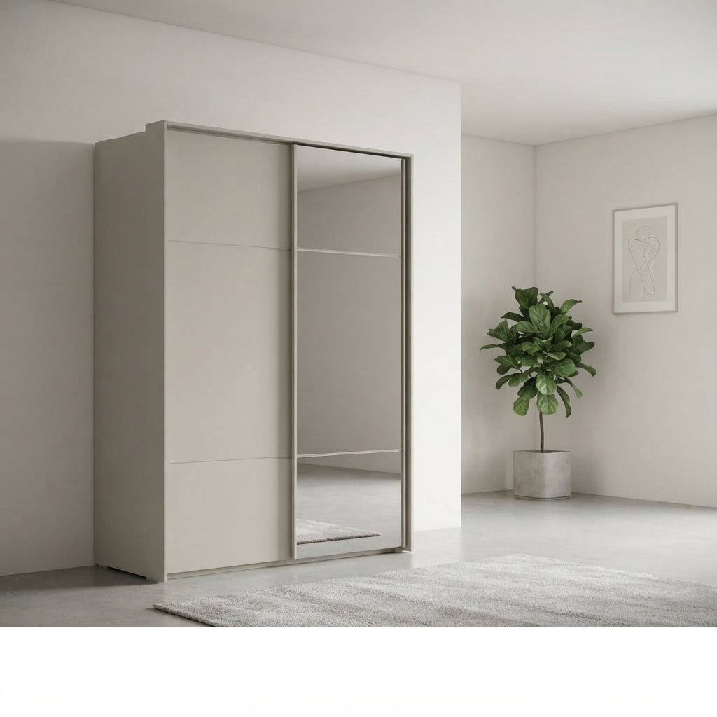 Rauch Heaven 160cm 2 Door Slider Wardrobe with 1 Décor Door and 1 Mirror Door in Champagne styled in a modern bedroom