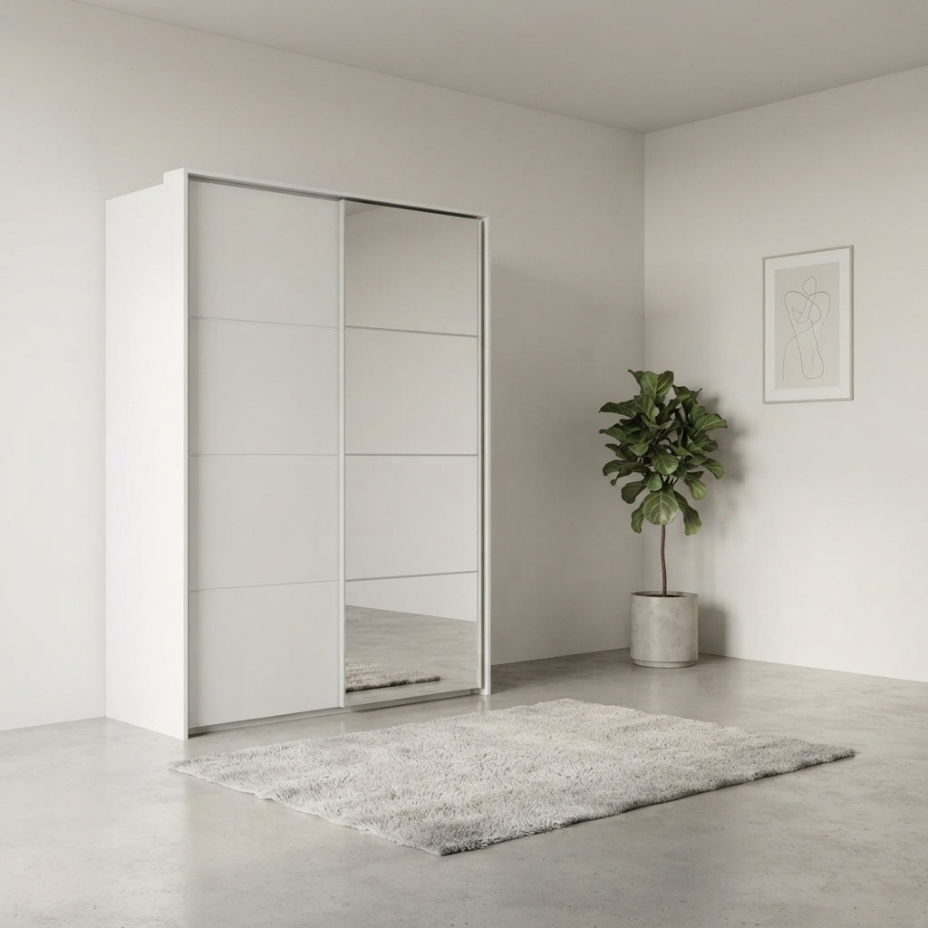Rauch Heaven 160cm 2 Door Slider Wardrobe with 1 Décor Door and 1 Mirror Door in Silk Grey styled in a modern bedroom