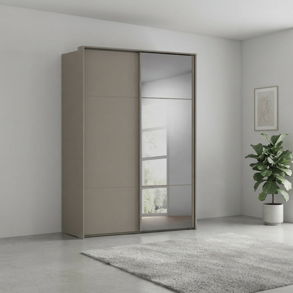 Rauch Heaven 160cm 2 Door Slider Wardrobe with 1 Décor Door and 1 Mirror Door in Fango styled in a modern bedroom