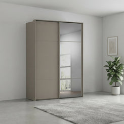 Rauch Heaven 160cm 2 Door Slider Wardrobe with 1 Décor Door and 1 Mirror Door in Fango styled in a modern bedroom