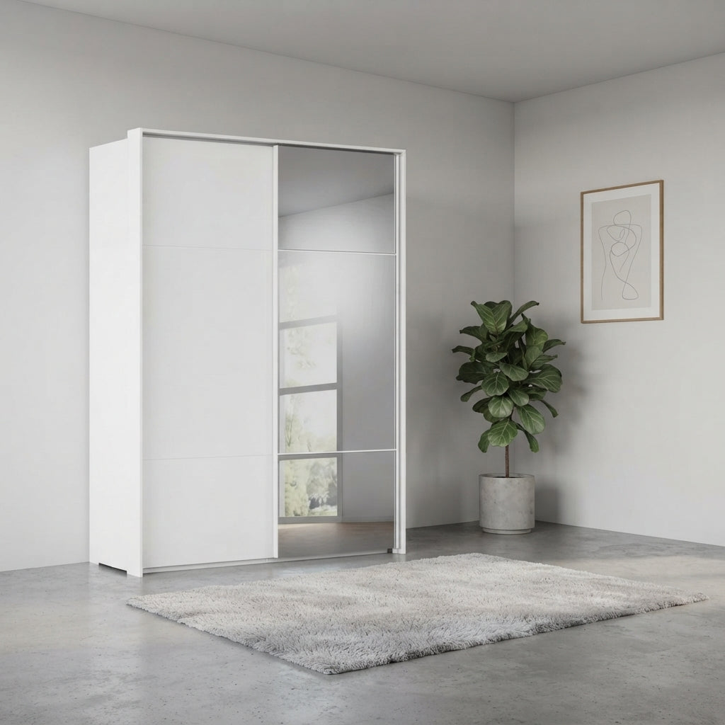 Rauch Heaven 160cm 2 Door Slider Wardrobe with 1 Décor Door and 1 Mirror Door in Alpine White styled in a modern bedroom