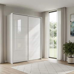 Rauch Heaven 180cm 2 Door Slider Wardrobe with Glass Doors in Alpine White styled in a modern bedroom