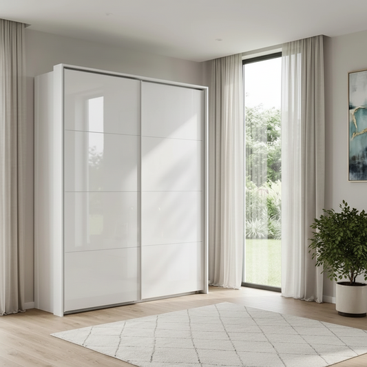 Rauch Heaven 180cm 2 Door Slider Wardrobe with Glass Doors in Alpine White styled in a modern bedroom