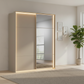 Rauch Heaven 180cm 2 Door Slider Wardrobe with 1 Glass Door & 1 Mirror Door and Lights in Fango styled in a modern bedroom
