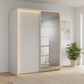 Rauch Heaven 180cm 2 Door Slider Wardrobe with 1 Glass Door & 1 Mirror Door and Lights in Silk Grey styled in a modern bedroom