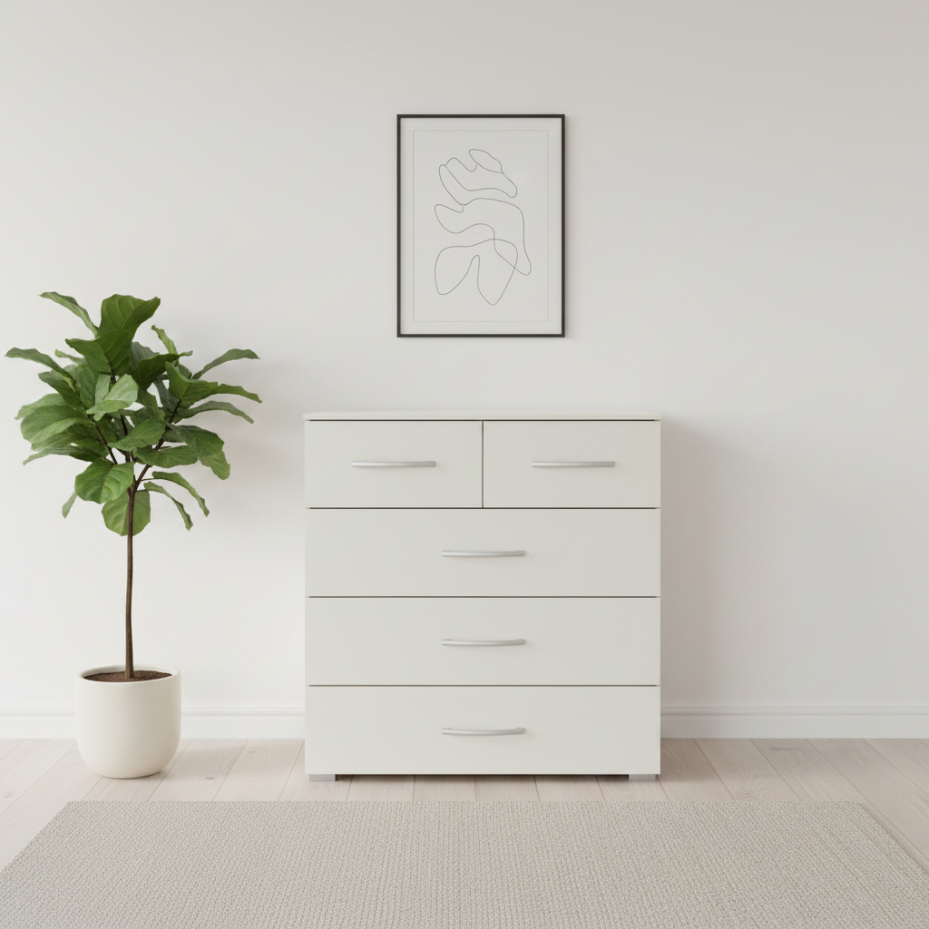 Rauch Impulse 2+3 Drawer Chest in Champagne Front view styled in a modern room