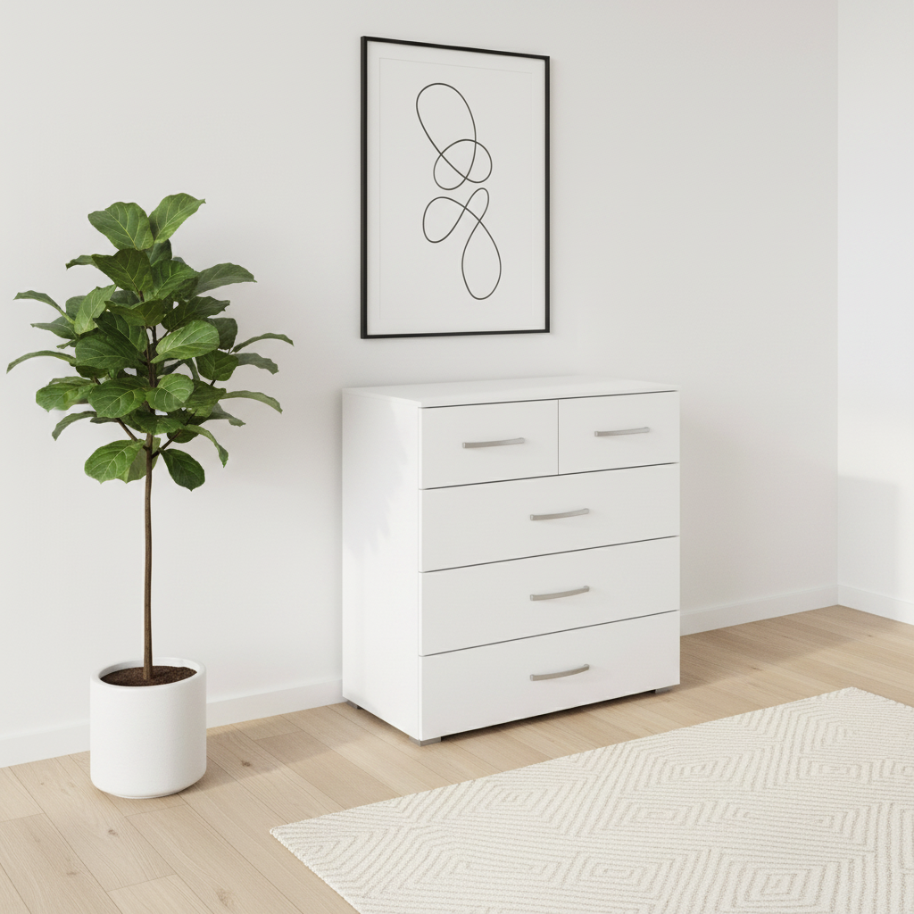 Rauch Impulse 2+3 Drawer Chest in White styled in a modern room 