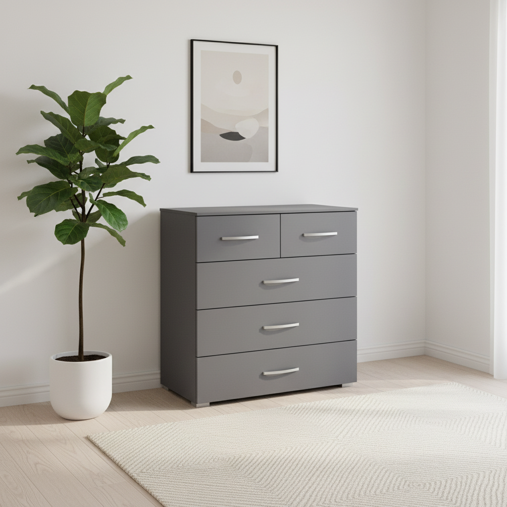 Rauch Impulse 2+3 Drawer Chest in Metallic Grey styled in a modern room