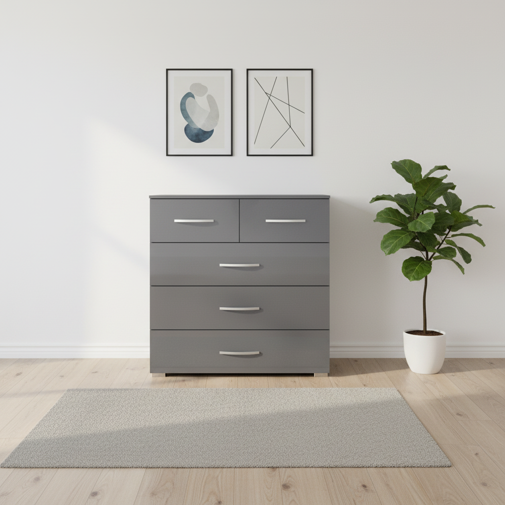 Rauch Impulse 2+3 Drawer Chest in Metallic Grey front view styled in a modern room 
